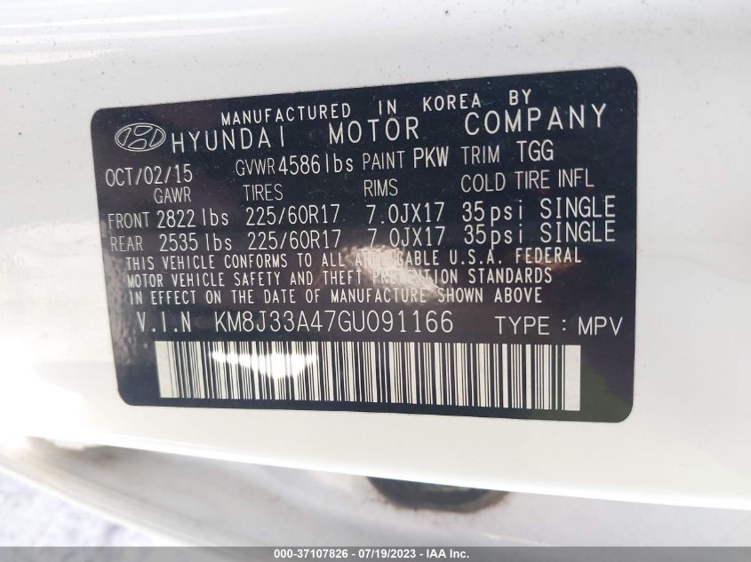 2016 HYUNDAI TUCSON LIMITED/SPORT AND ECO/SE - KM8J33A47GU091166