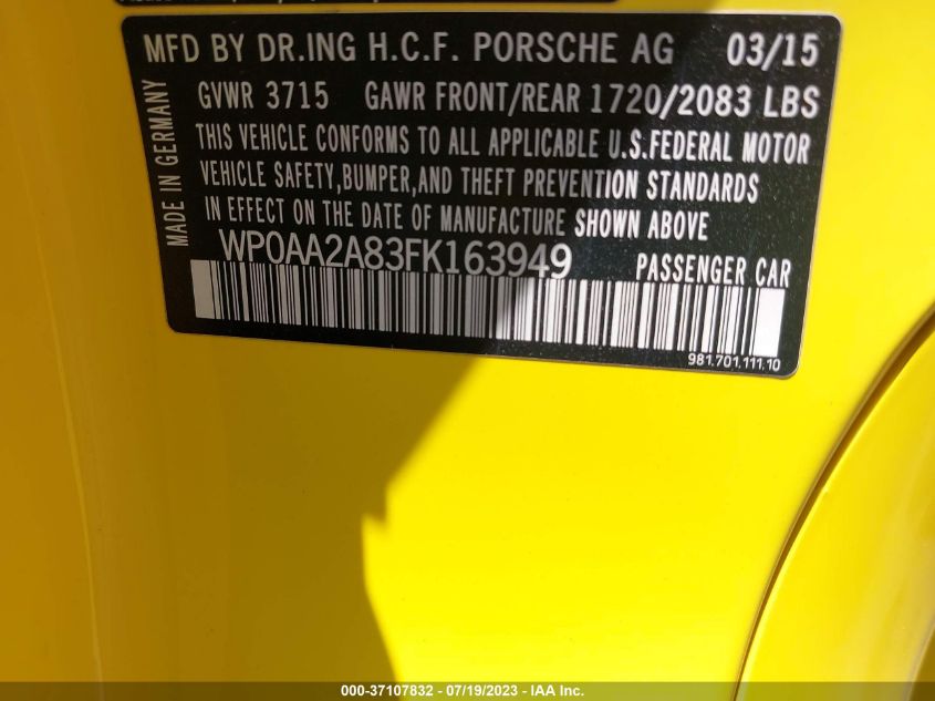 2015 PORSCHE CAYMAN WP0AA2A83FK163949