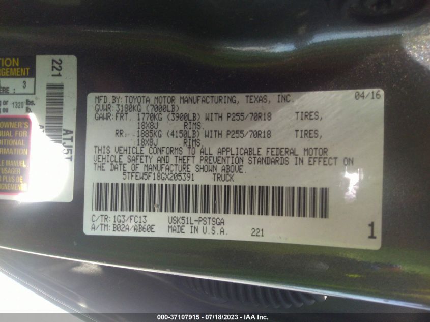 2016 TOYOTA TUNDRA 2WD TRUCK SR5 - 5TFEW5F18GX205391
