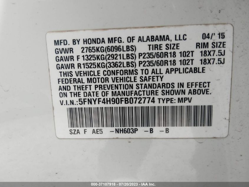 2015 HONDA PILOT TOURING - 5FNYF4H90FB072774