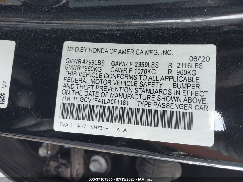 2020 HONDA ACCORD SEDAN EX - 1HGCV1F41LA091181