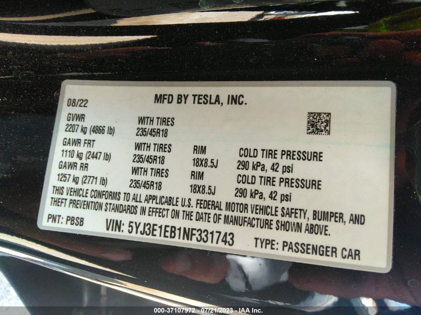 2022 TESLA MODEL 3 - 5YJ3E1EB1NF331743