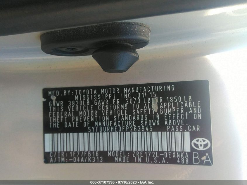 2015 TOYOTA COROLLA L/LE/LE PLS/PRM/S/S PLS - 5YFBURHE0FP263945