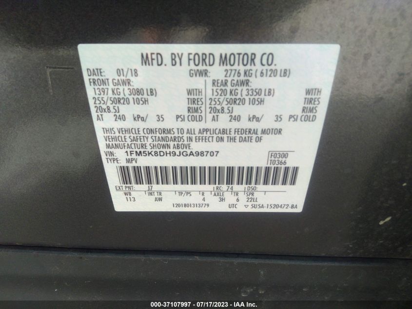 2018 FORD EXPLORER XLT - 1FM5K8DH9JGA98707