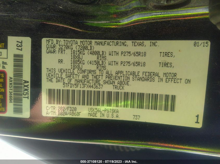 2015 TOYOTA TUNDRA 4WD TRUCK SR5/TRD PRO - 5TFDY5F13FX443637