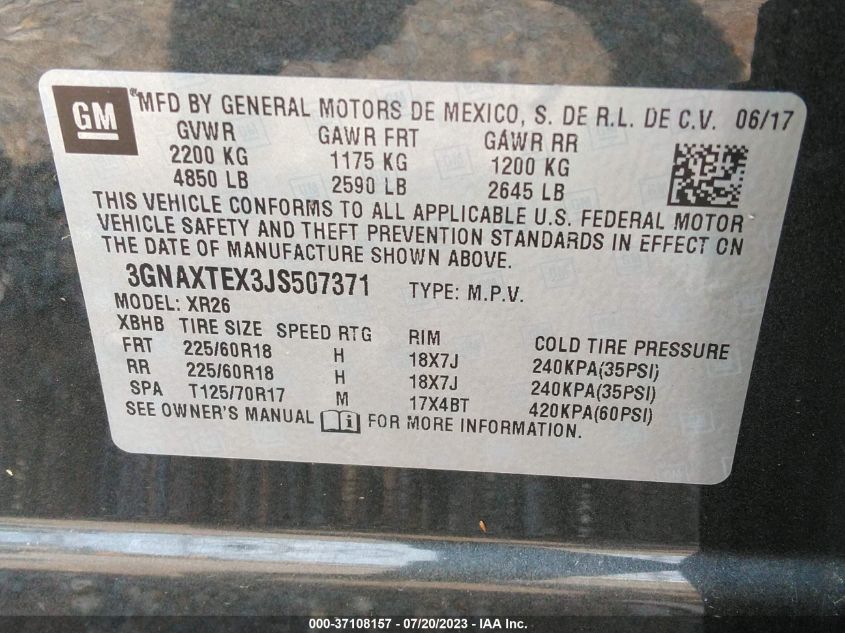 2018 CHEVROLET EQUINOX LT - 3GNAXTEX3JS507371