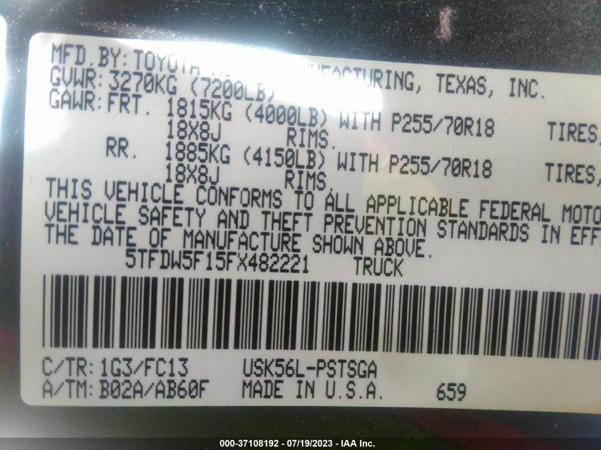 2015 TOYOTA TUNDRA 4WD TRUCK SR5/TRD PRO - 5TFDW5F15FX482221