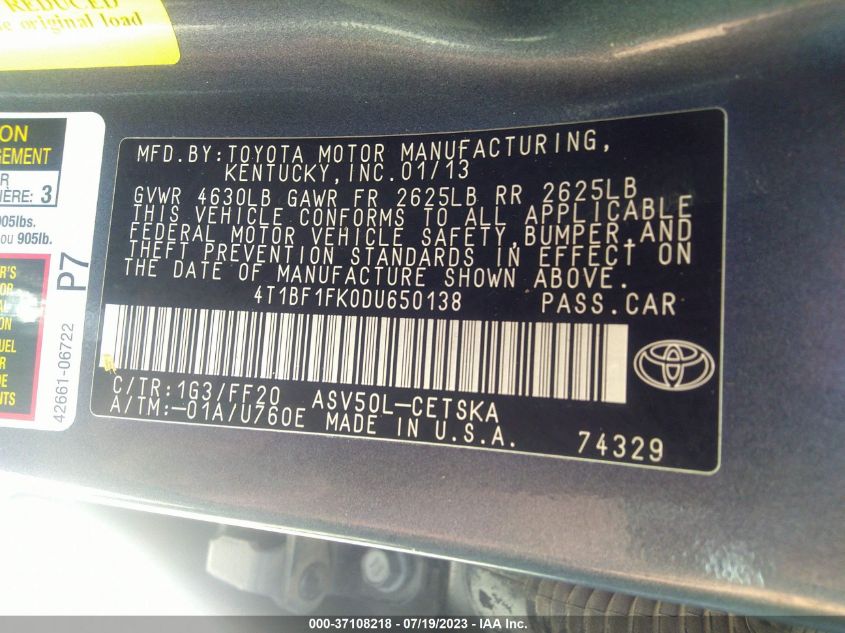 2013 TOYOTA CAMRY L/LE/SE/XLE - 4T1BF1FK0DU650138