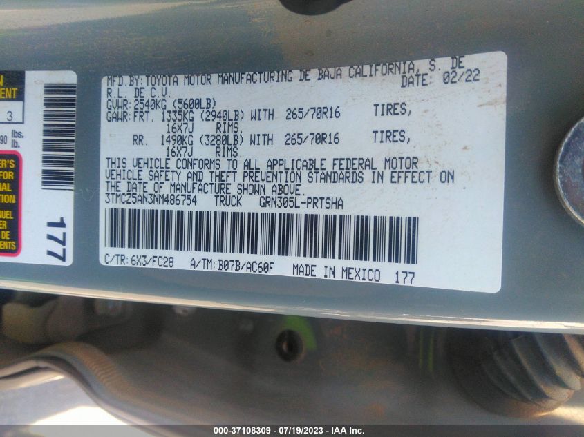 2022 TOYOTA TACOMA 4WD SR/SR5/TRD SPORT - 3TMCZ5AN3NM486754