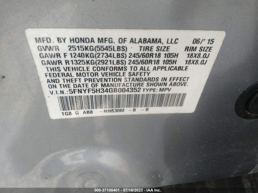 2016 HONDA PILOT EX - 5FNYF5H34GB004352