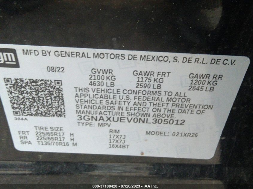2022 CHEVROLET EQUINOX LT - 3GNAXUEV0NL305012