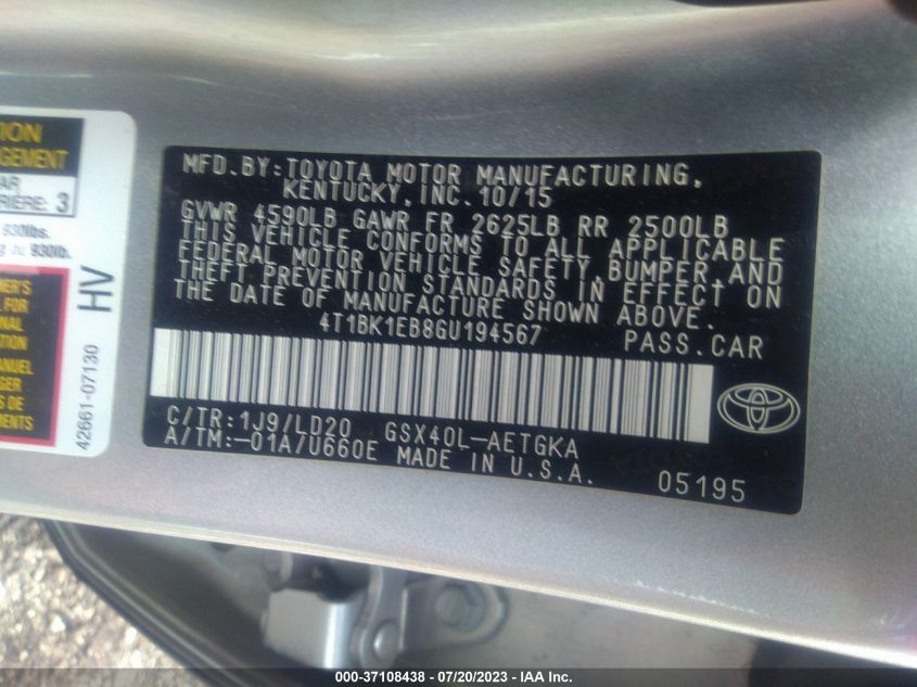 2016 TOYOTA AVALON XLE PLUS/PREMIUM/TOUR/LTD - 4T1BK1EB8GU194567