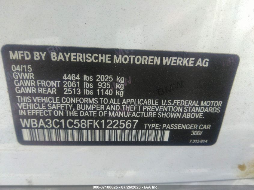 2015 BMW 3 SERIES 328I - WBA3C1C58FK122567
