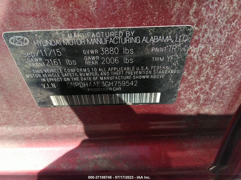 2016 HYUNDAI ELANTRA SE - 5NPDH4AE3GH759542