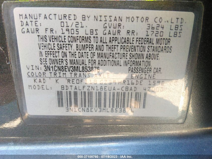 2021 NISSAN VERSA SV - 3N1CN8EV3ML853876
