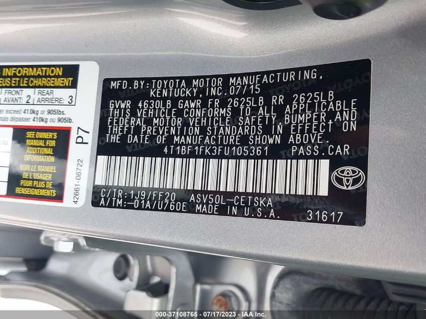 2015 TOYOTA CAMRY XLE/SE/LE/XSE - 4T1BF1FK3FU105361