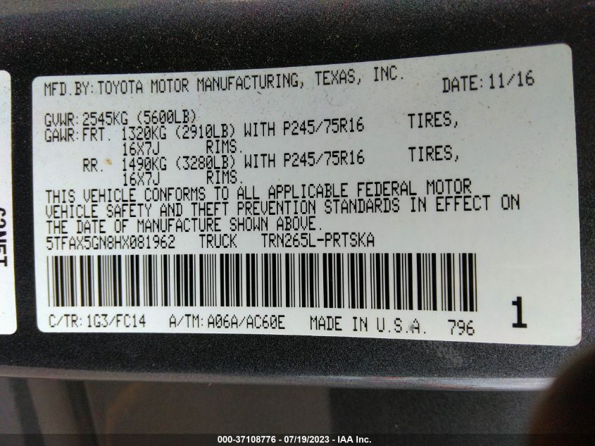 2017 TOYOTA TACOMA SR/SR5 - 5TFAX5GN8HX081962