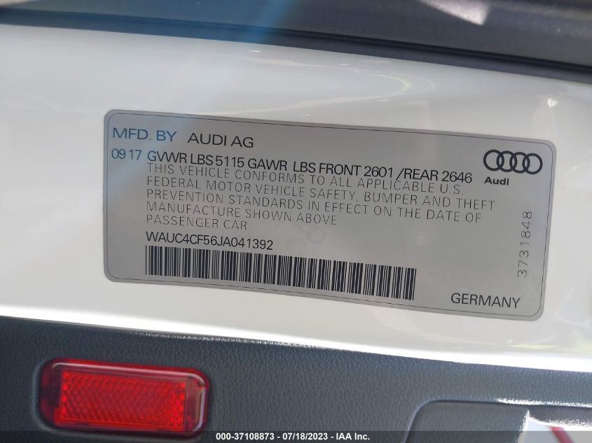 2018 AUDI S5 SPORTBACK PRESTIGE WAUC4CF56JA041392