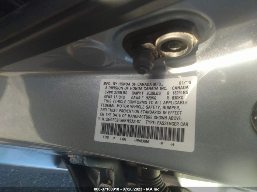 2019 HONDA CIVIC SEDAN SPORT - 2HGFC2F86KH533187