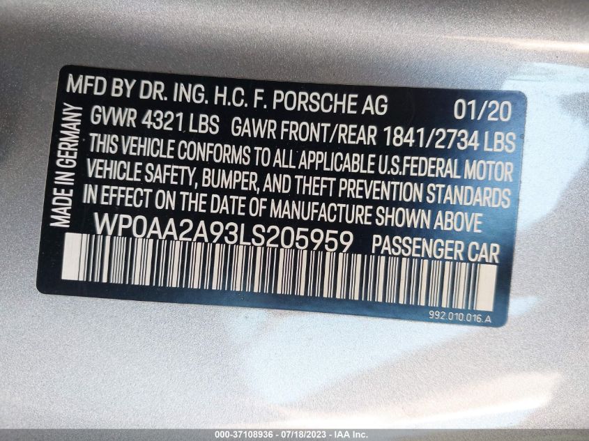 2020 PORSCHE 911 CARRERA - WP0AA2A93LS205959