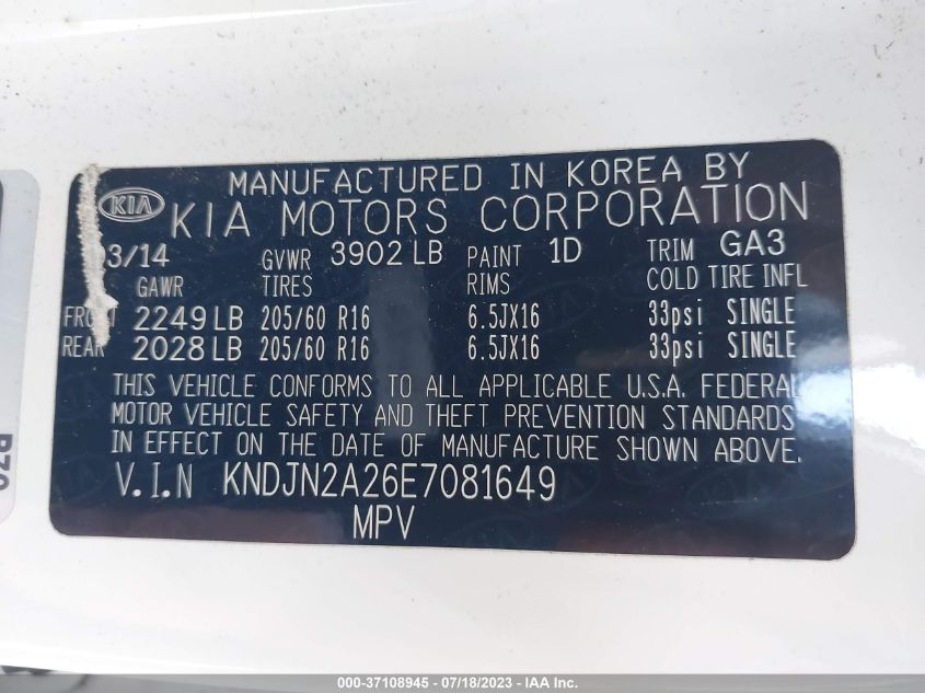 2014 KIA SOUL BASE - KNDJN2A26E7081649