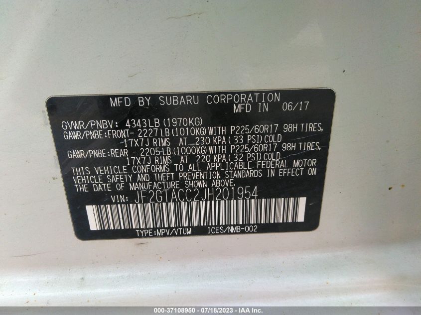 2018 SUBARU CROSSTREK PREMIUM - JF2GTACC2JH201954