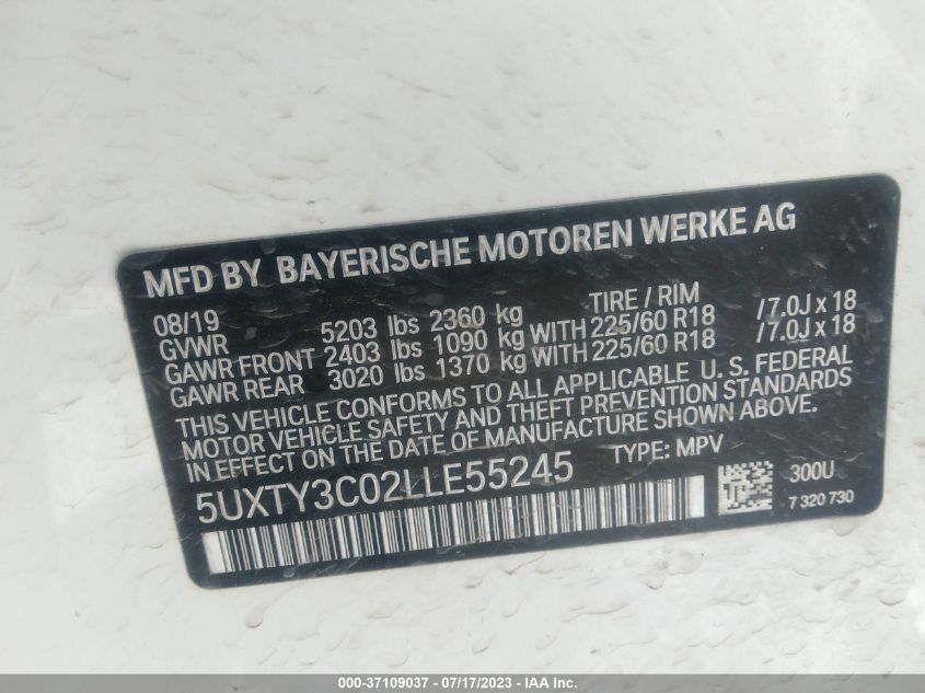 2020 BMW X3 SDRIVE30I - 5UXTY3C02LLE55245