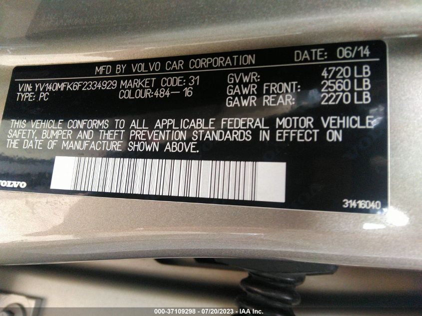 2015 VOLVO S60 T5 DRIVE-E PREMIER - YV140MFK6F2334929