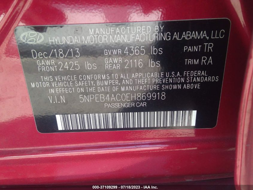 2014 HYUNDAI SONATA GLS - 5NPEB4AC0EH869918
