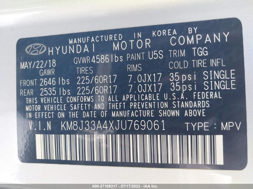 2018 HYUNDAI TUCSON SEL - KM8J33A4XJU769061