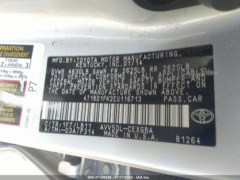 2014 TOYOTA CAMRY HYBRID LE/XLE/SE LIMITED EDITION - 4T1BD1FK2EU116713