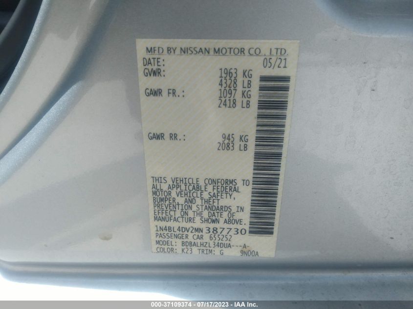 2021 NISSAN ALTIMA 2.5 SV - 1N4BL4DV2MN387730