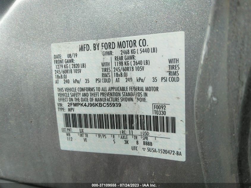 2FMPK4J96KBC55939 2019 FORD EDGE, photo no. 9