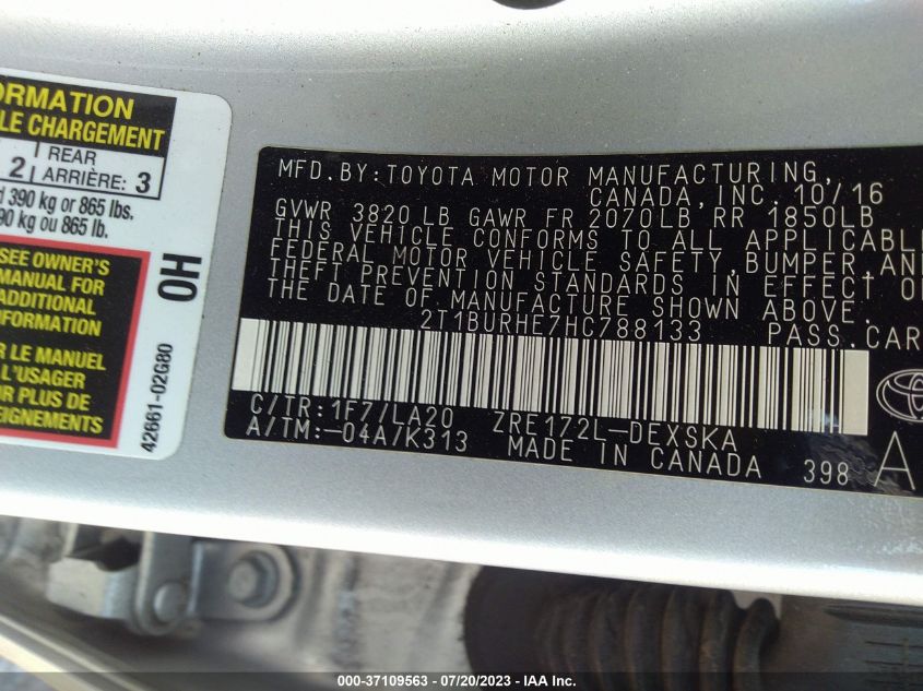 2017 TOYOTA COROLLA L/LE/XLE/SE - 2T1BURHE7HC788133