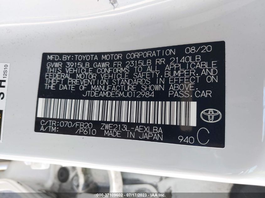 JTDEAMDE5MJ012984 Toyota Corolla HYBRID LE 9