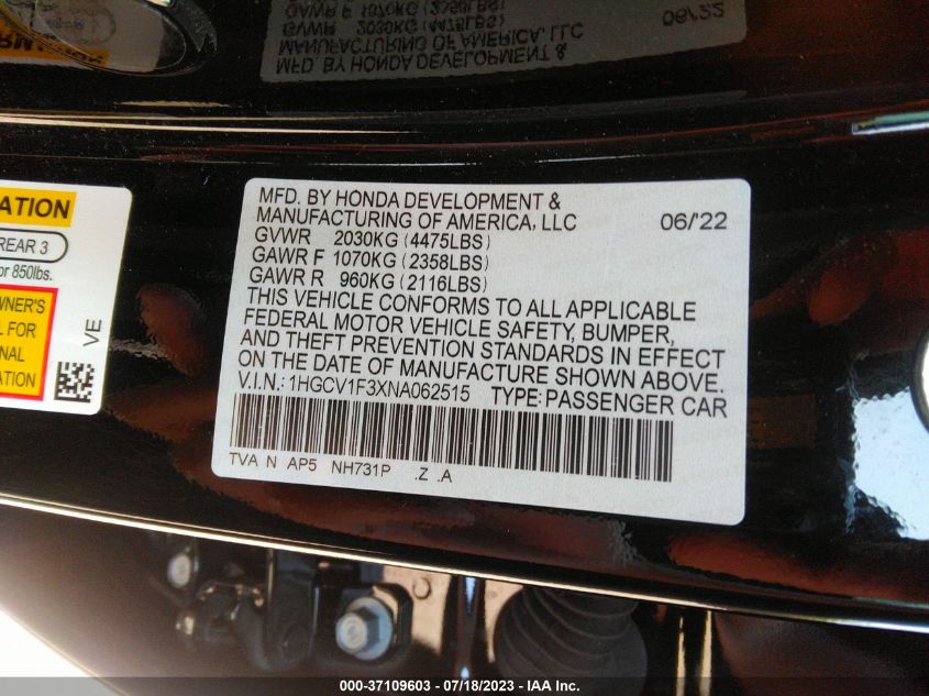 2022 HONDA ACCORD SEDAN SPORT - 1HGCV1F3XNA062515