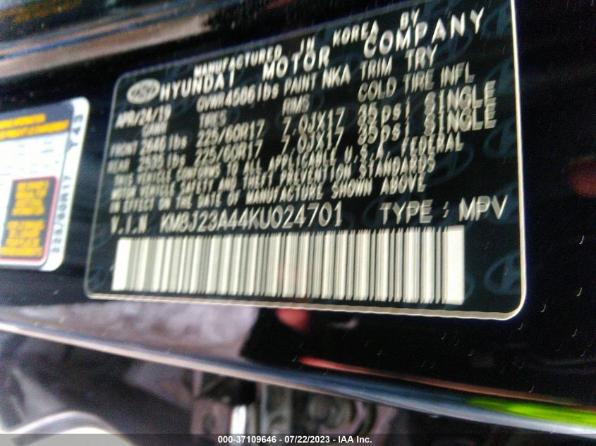 2019 HYUNDAI TUCSON SE - KM8J23A44KU024701
