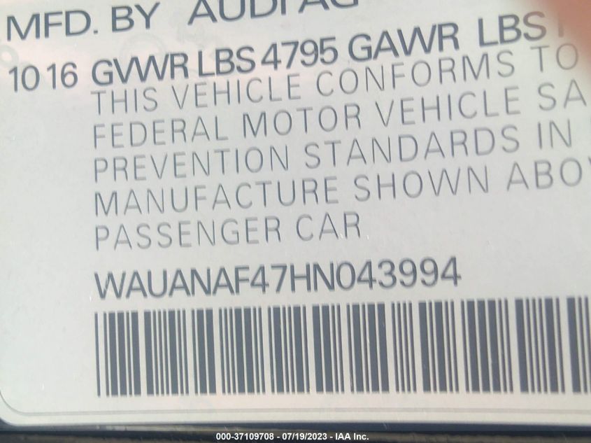 2017 AUDI A4 PREMIUM - WAUANAF47HN043994