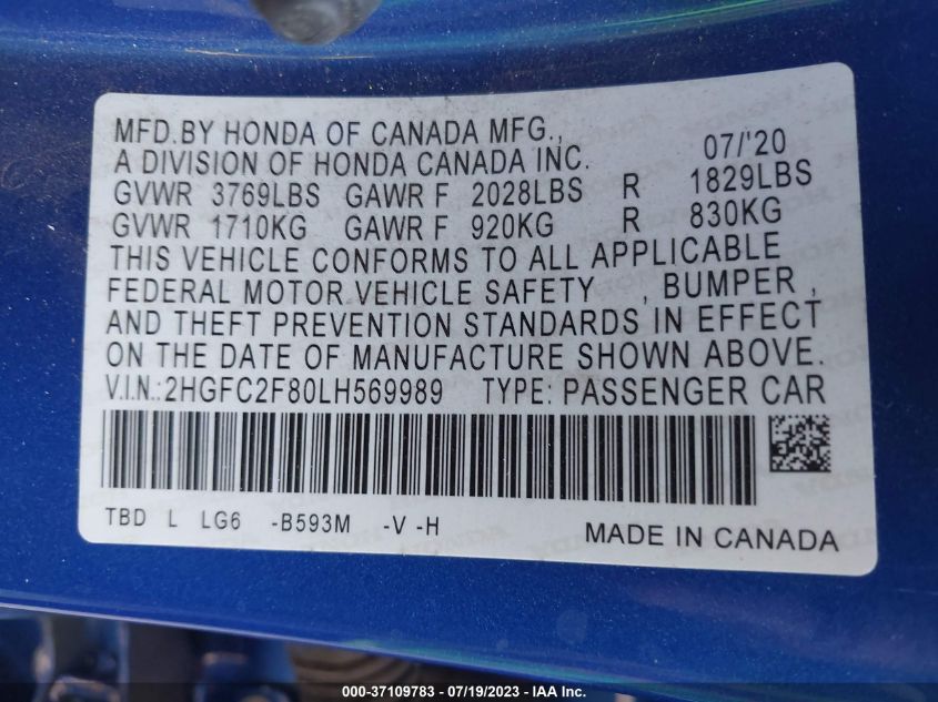 2020 HONDA CIVIC SEDAN SPORT - 2HGFC2F80LH569989