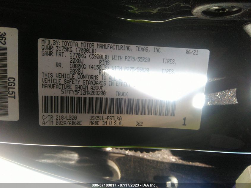 2021 TOYOTA TUNDRA 2WD LIMITED 5TFFY5F12MX288200