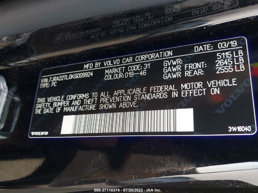 2019 VOLVO S60 INSCRIPTION - 7JRA22TL0KG009924