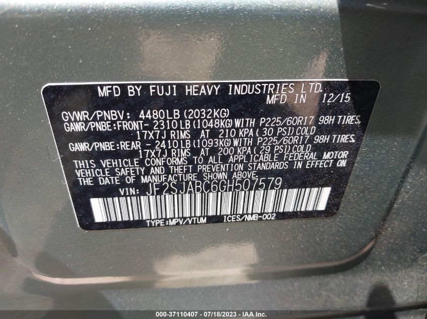 2016 SUBARU FORESTER 2.5I - JF2SJABC6GH507579