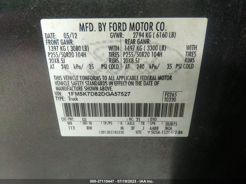 2013 FORD EXPLORER XLT - 1FM5K7D82DGA57527