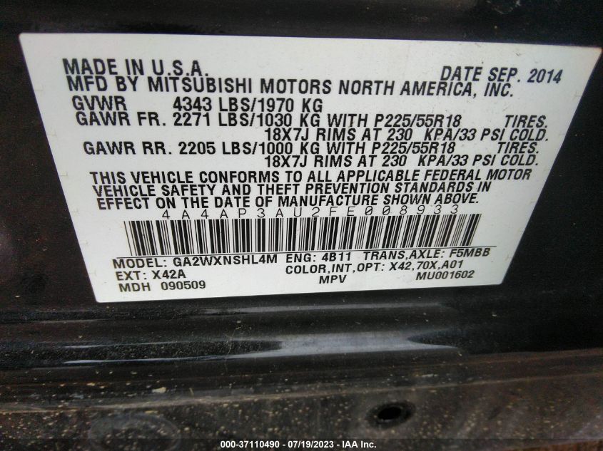 2015 MITSUBISHI OUTLANDER SPORT ES - 4A4AP3AU2FE008933