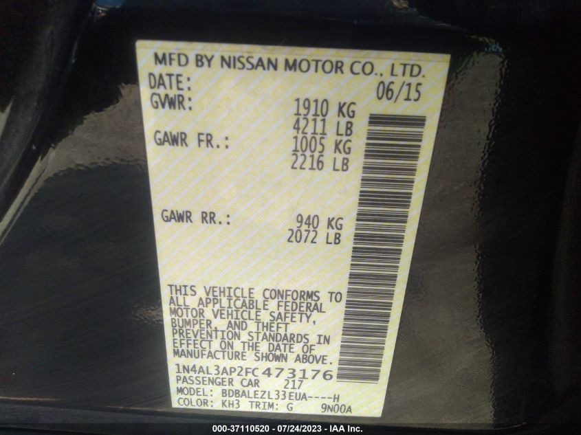 2015 NISSAN ALTIMA 2.5 S - 1N4AL3AP2FC473176
