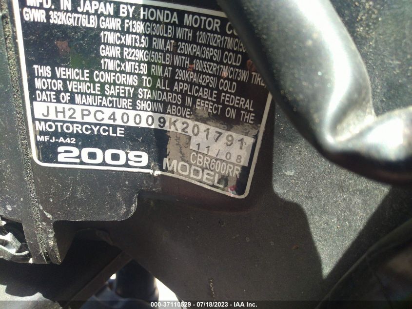 2009 HONDA CBR600 RR - JH2PC40009K201791