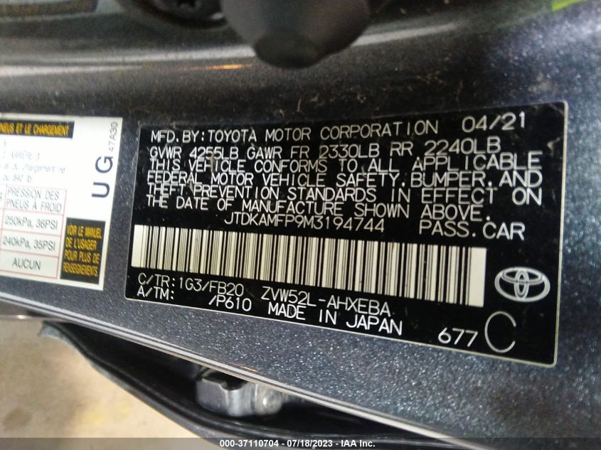 2021 TOYOTA PRIUS PRIME LE/XLE/LIMITED JTDKAMFP9M3194744