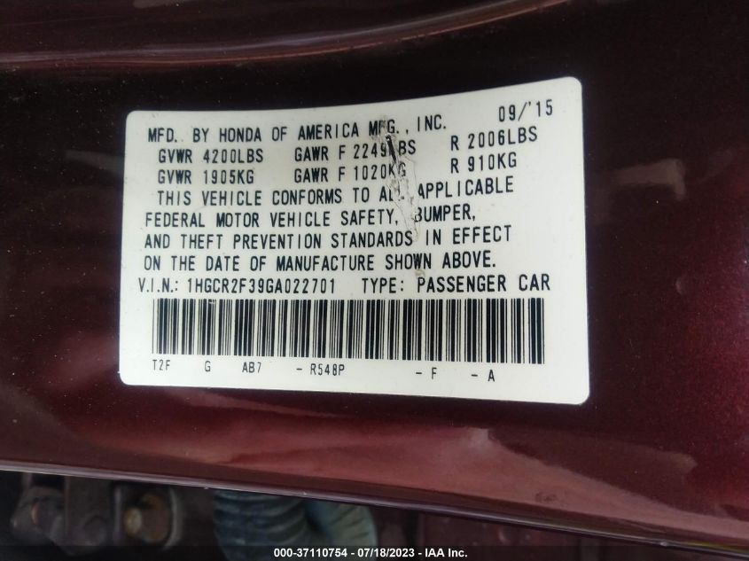 2016 HONDA ACCORD SEDAN LX - 1HGCR2F39GA022701