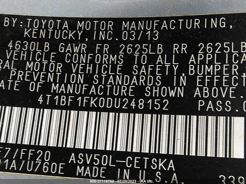 2013 TOYOTA CAMRY L/LE/SE/XLE - 4T1BF1FK0DU248152