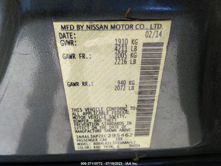 2014 NISSAN ALTIMA 2.5/S/SV/SL - 1N4AL3AP2EC295462